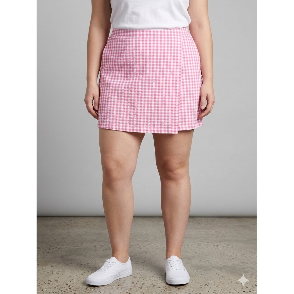 Liz Claiborne Lizsport Pink Gingham Seersucker Skort Wrap Front Summer Shorts XL